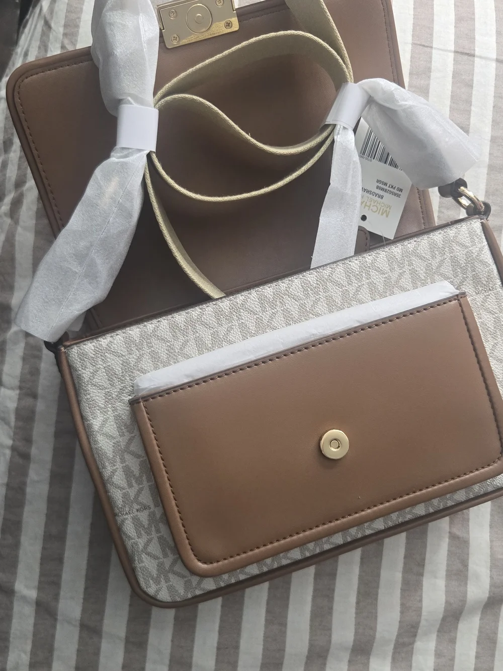 Michael Kors Taupe and Cream Signature Crossbody Wallet